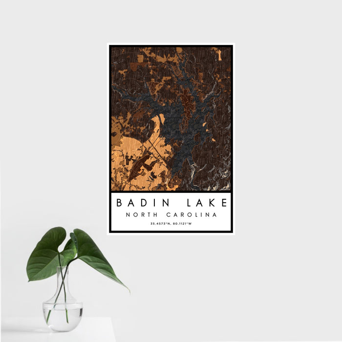 16x24 Badin Lake North Carolina Map Print Portrait Orientation in Ember Style With Tropical Plant Leaves in Water