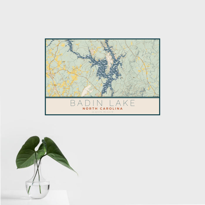 16x24 Badin Lake North Carolina Map Print Landscape Orientation in Woodblock Style With Tropical Plant Leaves in Water