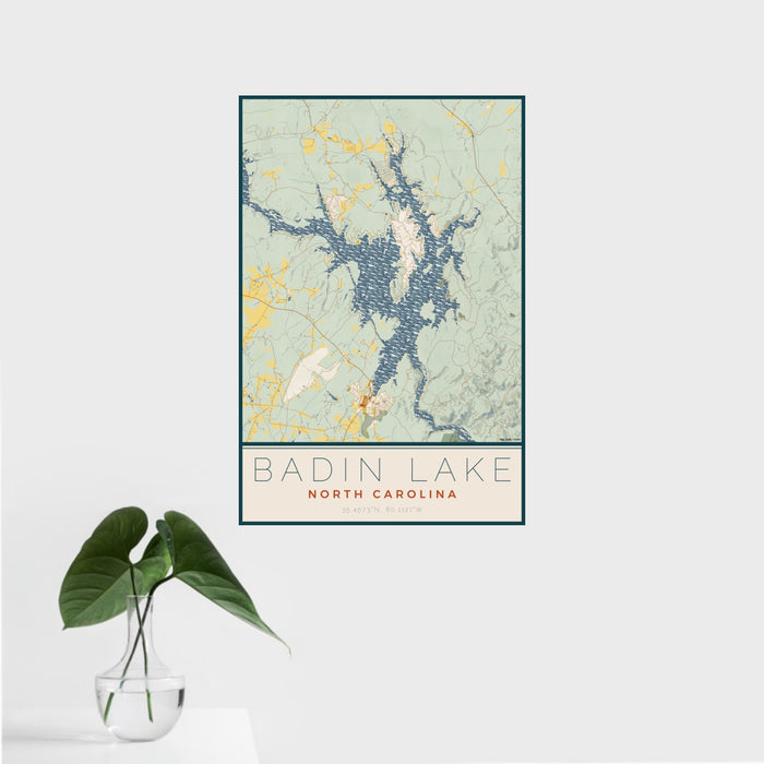 16x24 Badin Lake North Carolina Map Print Portrait Orientation in Woodblock Style With Tropical Plant Leaves in Water