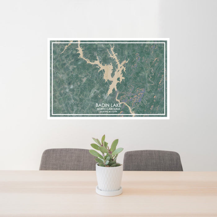 24x36 Badin Lake North Carolina Map Print Lanscape Orientation in Afternoon Style Behind 2 Chairs Table and Potted Plant