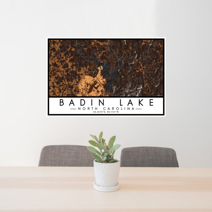 24x36 Badin Lake North Carolina Map Print Lanscape Orientation in Ember Style Behind 2 Chairs Table and Potted Plant