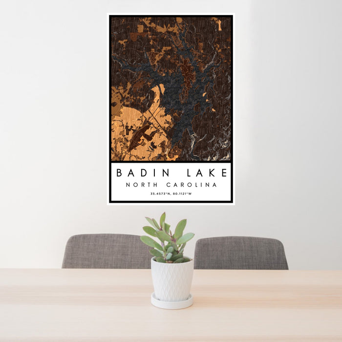 24x36 Badin Lake North Carolina Map Print Portrait Orientation in Ember Style Behind 2 Chairs Table and Potted Plant