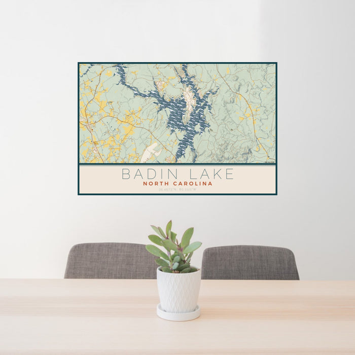 24x36 Badin Lake North Carolina Map Print Lanscape Orientation in Woodblock Style Behind 2 Chairs Table and Potted Plant