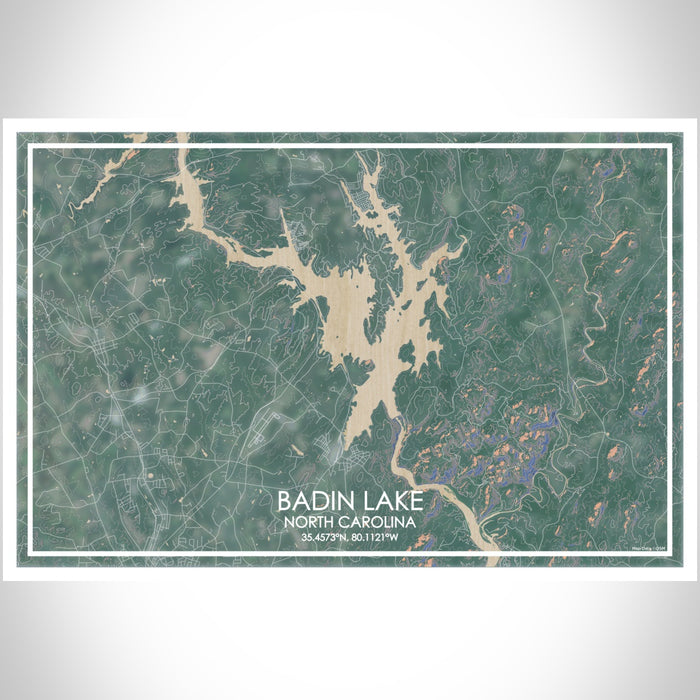 Badin Lake North Carolina Map Print Landscape Orientation in Afternoon Style With Shaded Background