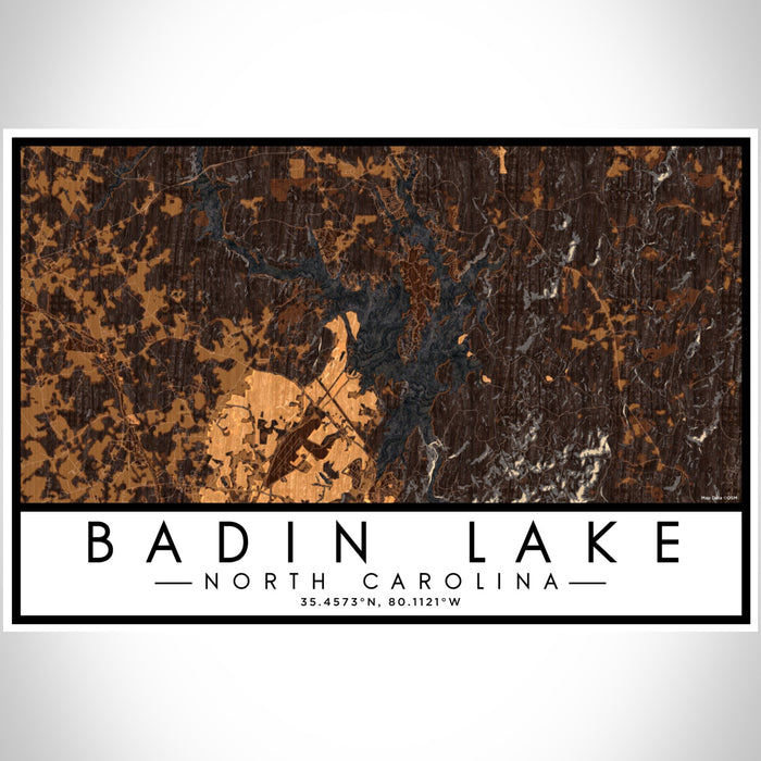 Badin Lake North Carolina Map Print Landscape Orientation in Ember Style With Shaded Background