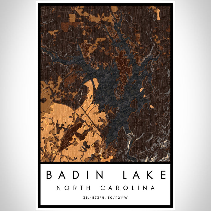 Badin Lake North Carolina Map Print Portrait Orientation in Ember Style With Shaded Background