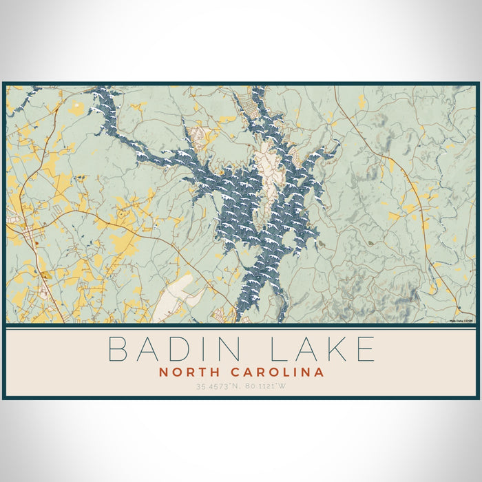 Badin Lake North Carolina Map Print Landscape Orientation in Woodblock Style With Shaded Background