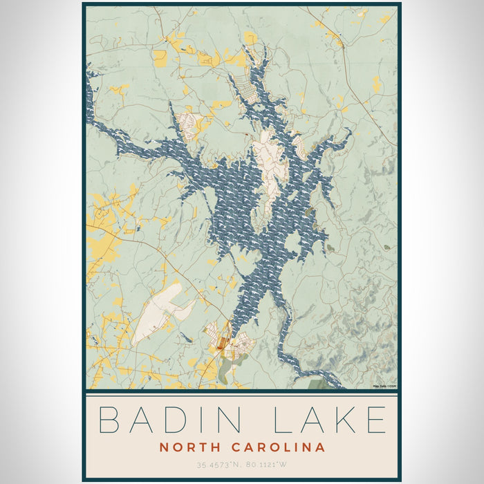 Badin Lake North Carolina Map Print Portrait Orientation in Woodblock Style With Shaded Background