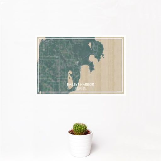 12x18 Baileys Harbor Wisconsin Map Print Landscape Orientation in Afternoon Style With Small Cactus Plant in White Planter