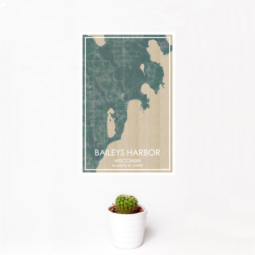 12x18 Baileys Harbor Wisconsin Map Print Portrait Orientation in Afternoon Style With Small Cactus Plant in White Planter
