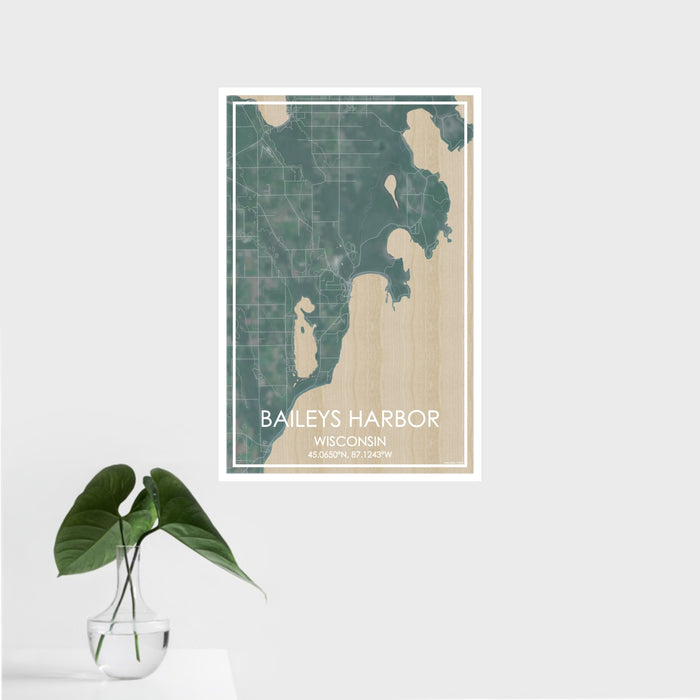 16x24 Baileys Harbor Wisconsin Map Print Portrait Orientation in Afternoon Style With Tropical Plant Leaves in Water