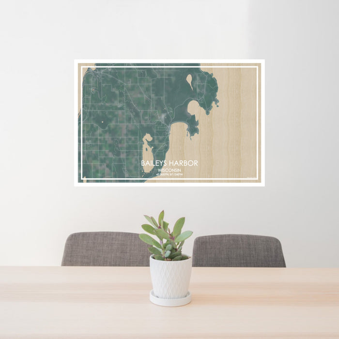 24x36 Baileys Harbor Wisconsin Map Print Lanscape Orientation in Afternoon Style Behind 2 Chairs Table and Potted Plant