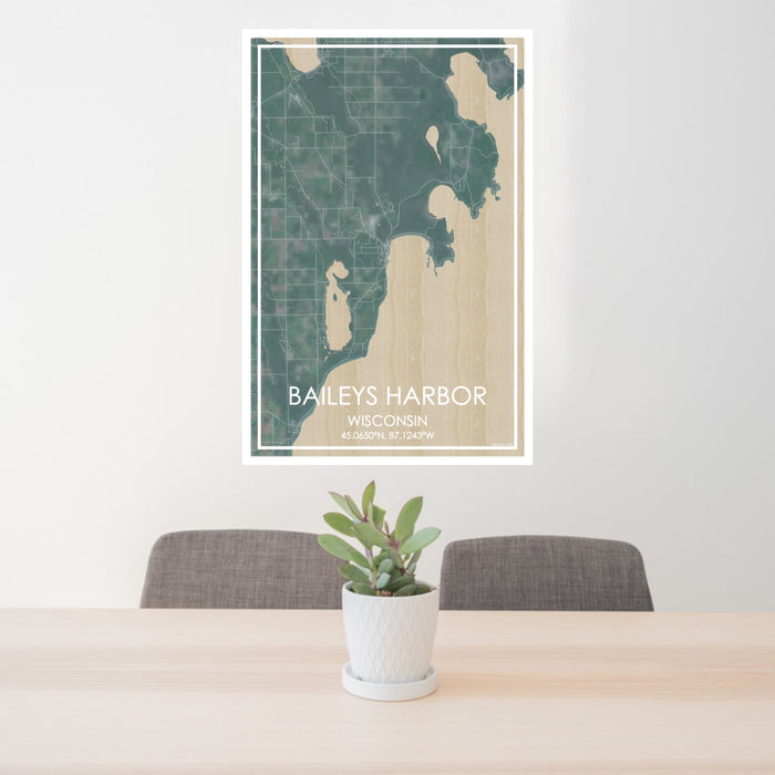 24x36 Baileys Harbor Wisconsin Map Print Portrait Orientation in Afternoon Style Behind 2 Chairs Table and Potted Plant
