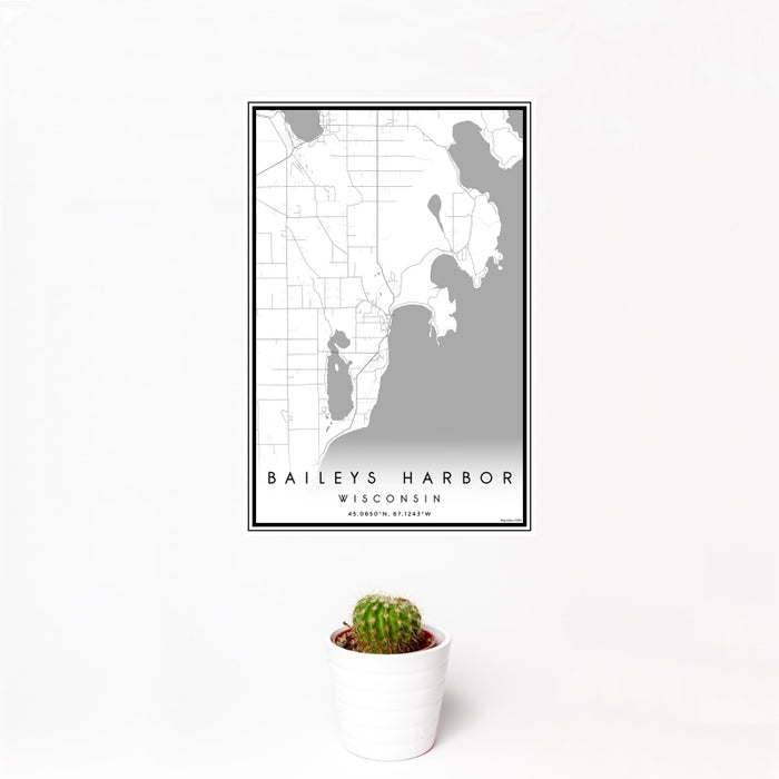 12x18 Baileys Harbor Wisconsin Map Print Portrait Orientation in Classic Style With Small Cactus Plant in White Planter