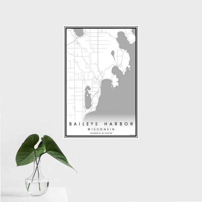 16x24 Baileys Harbor Wisconsin Map Print Portrait Orientation in Classic Style With Tropical Plant Leaves in Water