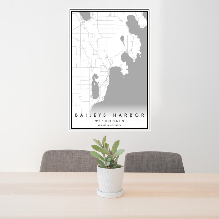24x36 Baileys Harbor Wisconsin Map Print Portrait Orientation in Classic Style Behind 2 Chairs Table and Potted Plant