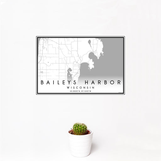 12x18 Baileys Harbor Wisconsin Map Print Landscape Orientation in Classic Style With Small Cactus Plant in White Planter