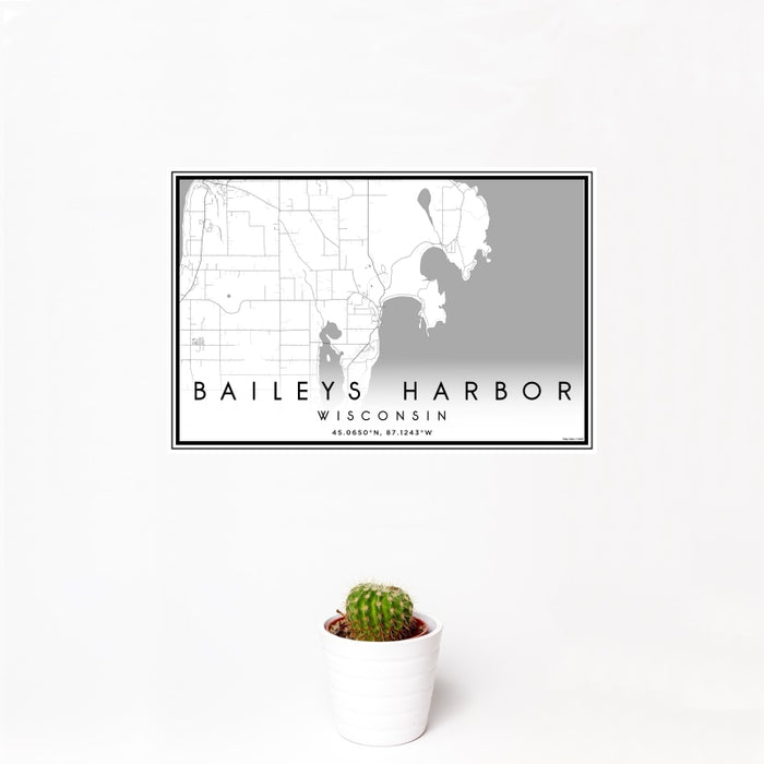 12x18 Baileys Harbor Wisconsin Map Print Landscape Orientation in Classic Style With Small Cactus Plant in White Planter