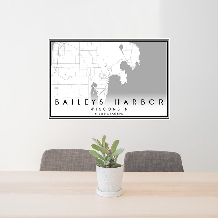 24x36 Baileys Harbor Wisconsin Map Print Landscape Orientation in Classic Style Behind 2 Chairs Table and Potted Plant