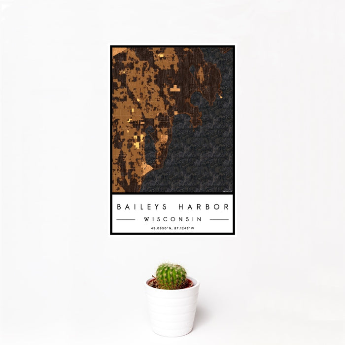 12x18 Baileys Harbor Wisconsin Map Print Portrait Orientation in Ember Style With Small Cactus Plant in White Planter