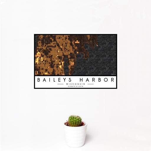 12x18 Baileys Harbor Wisconsin Map Print Landscape Orientation in Ember Style With Small Cactus Plant in White Planter