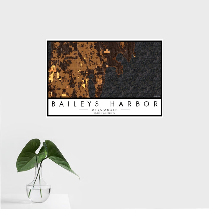 16x24 Baileys Harbor Wisconsin Map Print Landscape Orientation in Ember Style With Tropical Plant Leaves in Water