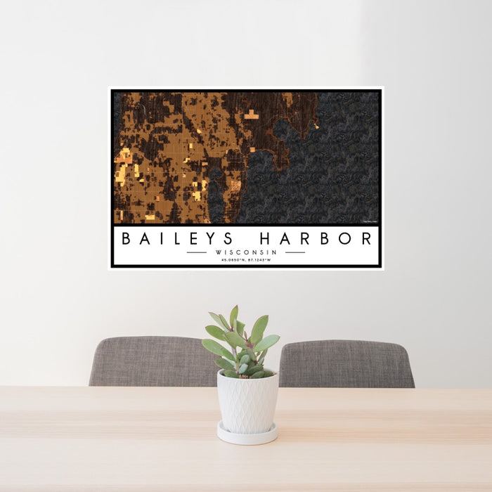 24x36 Baileys Harbor Wisconsin Map Print Landscape Orientation in Ember Style Behind 2 Chairs Table and Potted Plant