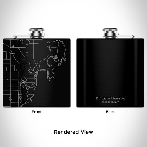 Rendered View of Baileys Harbor Wisconsin Map Engraving on 6oz Stainless Steel Flask in Black