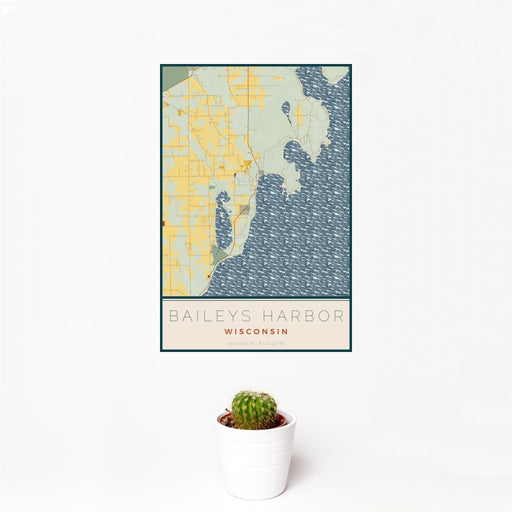 12x18 Baileys Harbor Wisconsin Map Print Portrait Orientation in Woodblock Style With Small Cactus Plant in White Planter