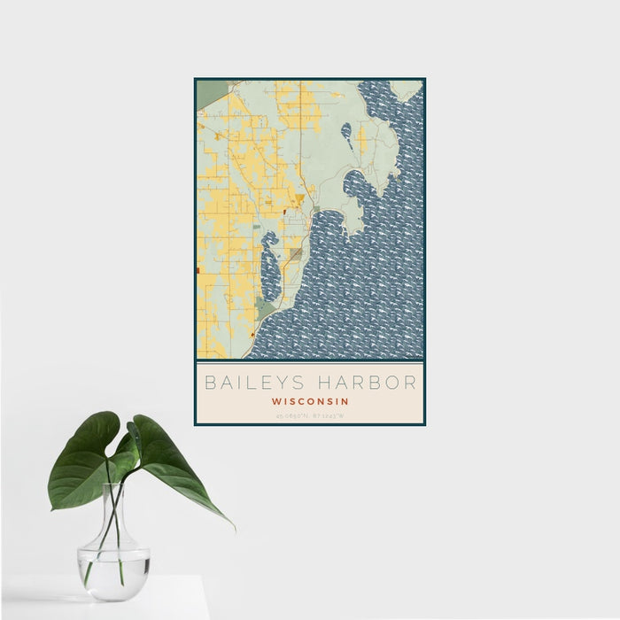 16x24 Baileys Harbor Wisconsin Map Print Portrait Orientation in Woodblock Style With Tropical Plant Leaves in Water