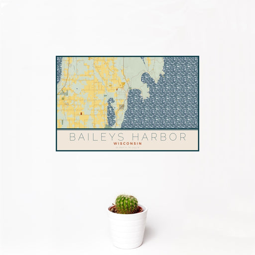 12x18 Baileys Harbor Wisconsin Map Print Landscape Orientation in Woodblock Style With Small Cactus Plant in White Planter