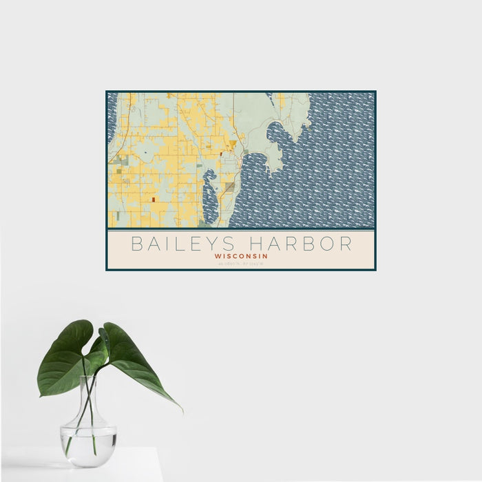 16x24 Baileys Harbor Wisconsin Map Print Landscape Orientation in Woodblock Style With Tropical Plant Leaves in Water
