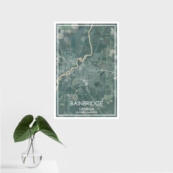 16x24 Bainbridge Georgia Map Print Portrait Orientation in Afternoon Style With Tropical Plant Leaves in Water