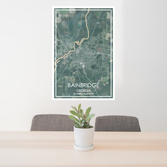 24x36 Bainbridge Georgia Map Print Portrait Orientation in Afternoon Style Behind 2 Chairs Table and Potted Plant