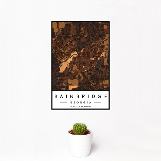 12x18 Bainbridge Georgia Map Print Portrait Orientation in Ember Style With Small Cactus Plant in White Planter