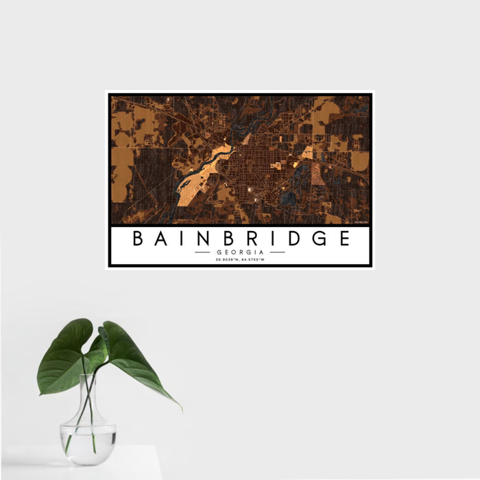 16x24 Bainbridge Georgia Map Print Landscape Orientation in Ember Style With Tropical Plant Leaves in Water