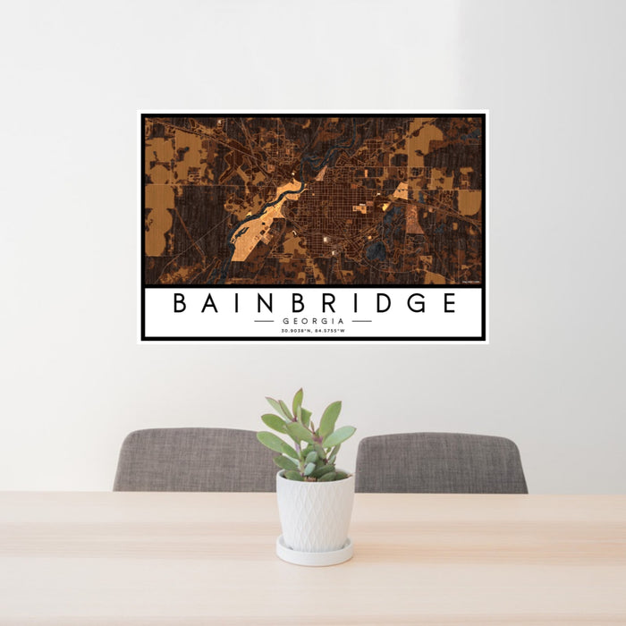 24x36 Bainbridge Georgia Map Print Landscape Orientation in Ember Style Behind 2 Chairs Table and Potted Plant