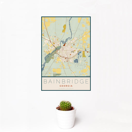 12x18 Bainbridge Georgia Map Print Portrait Orientation in Woodblock Style With Small Cactus Plant in White Planter