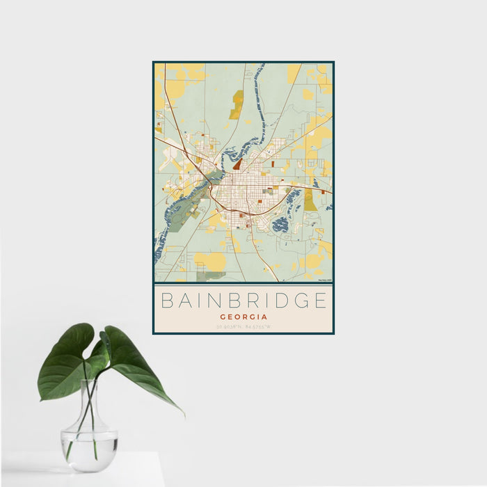 16x24 Bainbridge Georgia Map Print Portrait Orientation in Woodblock Style With Tropical Plant Leaves in Water
