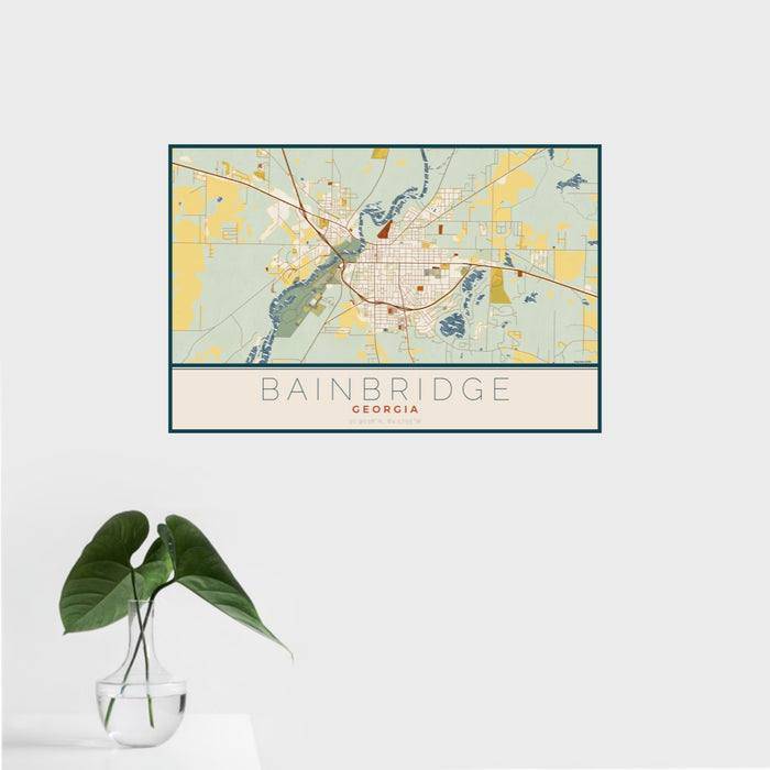 16x24 Bainbridge Georgia Map Print Landscape Orientation in Woodblock Style With Tropical Plant Leaves in Water