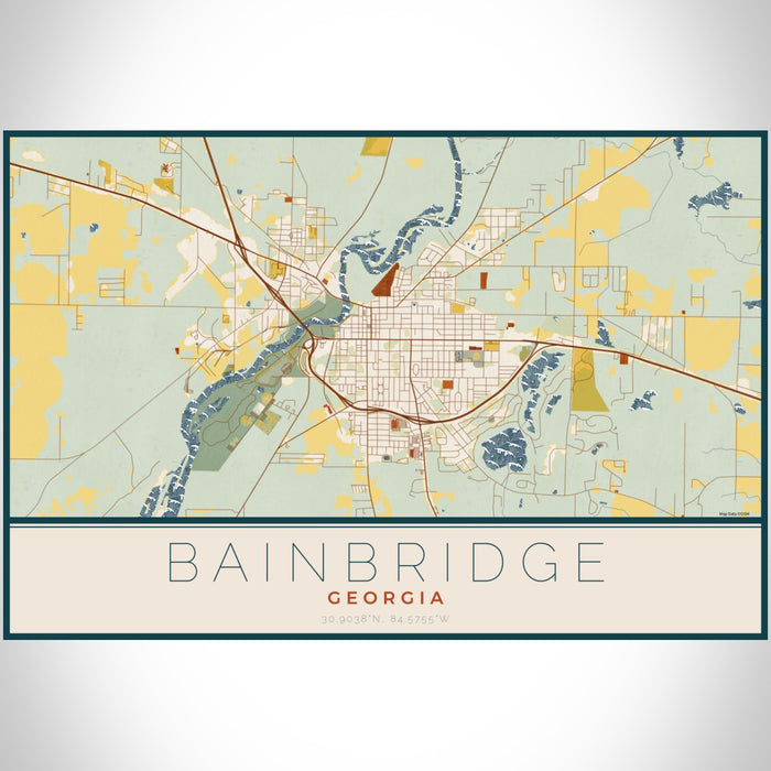 Bainbridge Georgia Map Print Landscape Orientation in Woodblock Style With Shaded Background