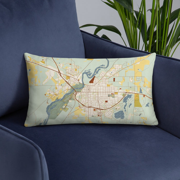 Custom Bainbridge Georgia Map Throw Pillow in Woodblock on Blue Colored Chair