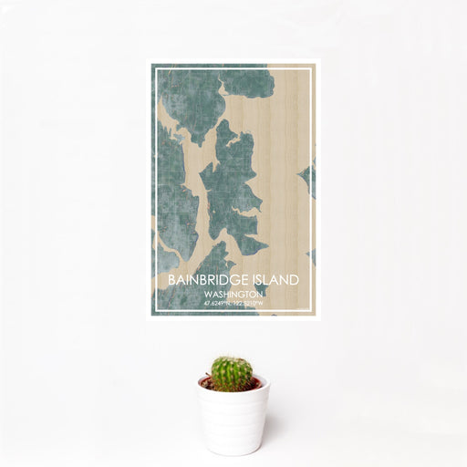 12x18 Bainbridge Island Washington Map Print Portrait Orientation in Afternoon Style With Small Cactus Plant in White Planter