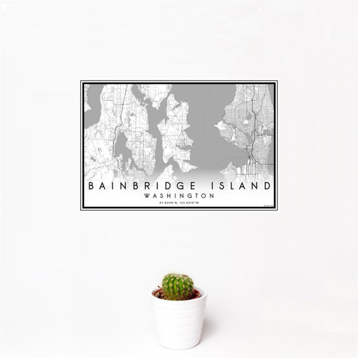 12x18 Bainbridge Island Washington Map Print Landscape Orientation in Classic Style With Small Cactus Plant in White Planter