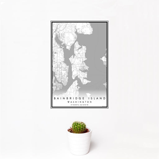 12x18 Bainbridge Island Washington Map Print Portrait Orientation in Classic Style With Small Cactus Plant in White Planter