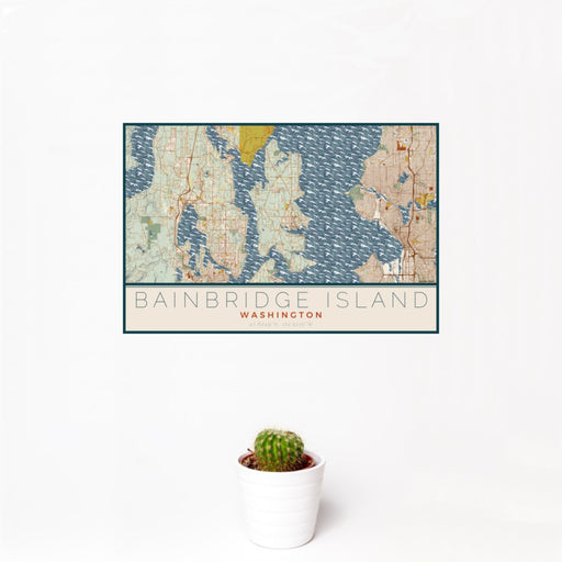 12x18 Bainbridge Island Washington Map Print Landscape Orientation in Woodblock Style With Small Cactus Plant in White Planter