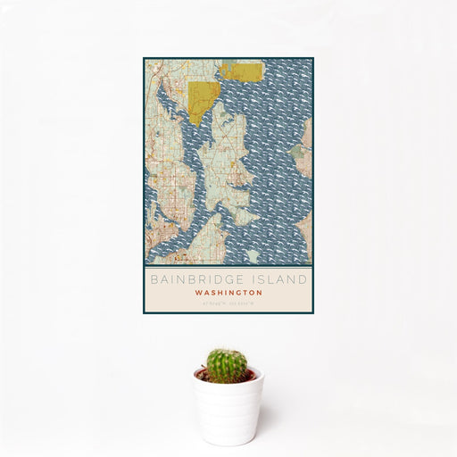 12x18 Bainbridge Island Washington Map Print Portrait Orientation in Woodblock Style With Small Cactus Plant in White Planter