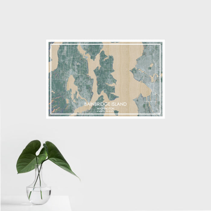 16x24 Bainbridge Island Washington Map Print Landscape Orientation in Afternoon Style With Tropical Plant Leaves in Water