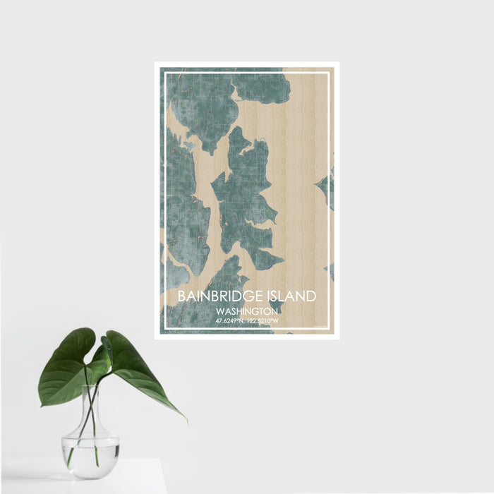 16x24 Bainbridge Island Washington Map Print Portrait Orientation in Afternoon Style With Tropical Plant Leaves in Water