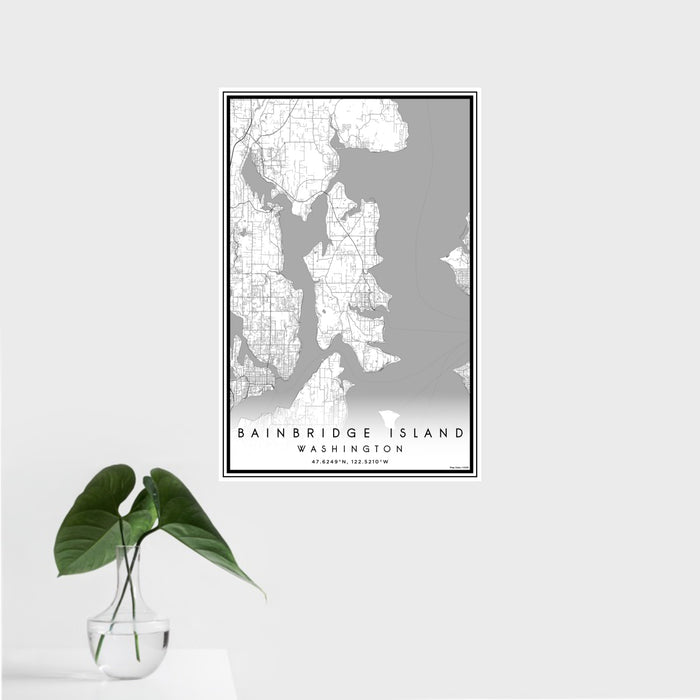 16x24 Bainbridge Island Washington Map Print Portrait Orientation in Classic Style With Tropical Plant Leaves in Water
